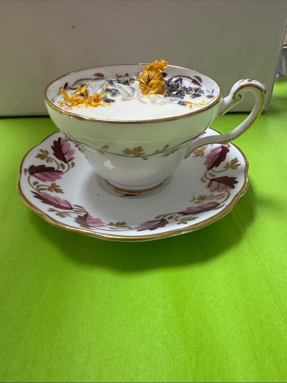 Vintage Handcrafted White Teacup Candle with Pink Floral Accents